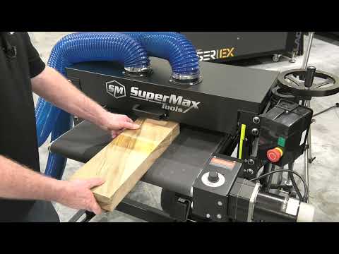 Laguna 25×2 Double Drum Sander SUPMX-913002 in use sanding a wood board with dual-drum configuration for efficient stock removal and finishing