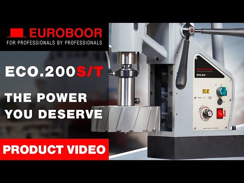 Euroboor ECO.200S/T Magnetic Drilling Machine 110 V side view showing annular cutter, feed handles, and magnetic base