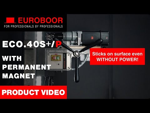 Euroboor ECO.50S Magnetic Drilling Machine product display showing the industrial mag drill with high-torque motor housing and Weldon spindle for large annular cutters