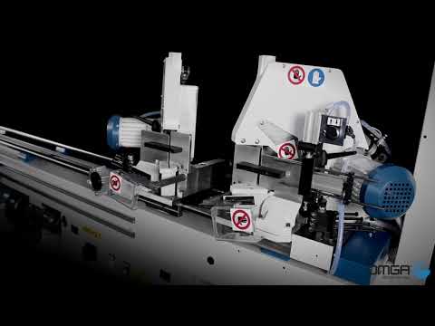OMGA TRF 527 NC 8.5" Double Mitre Chop Saw demonstrating automated dual-angle cutting and programmable industrial profile processing.