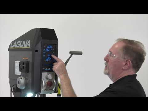 Laguna DP:20 1.5 HP 110-120V Drill Press MDP20-1 operator demonstrating ergonomic handle and feed control