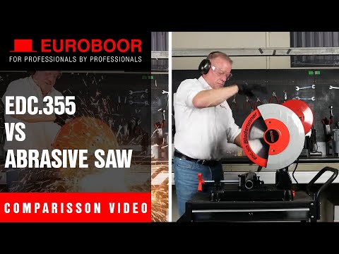 Euroboor EDC.355 Dry Cut Saw product overview showing the heavy-duty metal cutting saw with protective blade guard and ergonomic handle