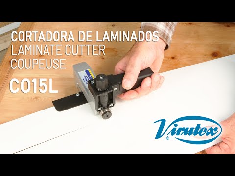 Virutex Laminate Cutter CO15L 1500200 performing laminate edge cutting on panel with clean trimming action