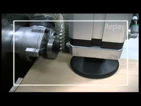 Virutex PAE85T Corner Round Trimmer For Hot Melt Edgebanders 8500700 in operation trimming panel corners with precision cutter