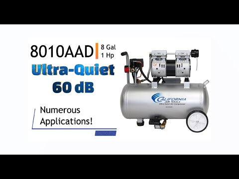 California Air Tools 8010AAD Ultra Quiet, Oil-Free, Lightweight Aluminum Tank 1.0 Hp Air Compressor with Automatic Drain Valve side view with motor and dual piston system