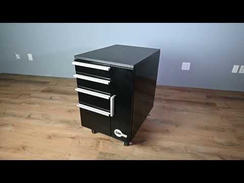 SawStop Under Table Cabinet 32″ TSA-UTC32 storage cabinet displayed in a workshop environment, showcasing durable construction, smooth-rolling casters, and organized drawer storage.