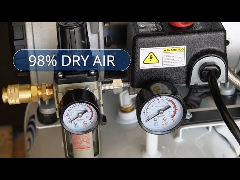 California Air Tools 10020HDCADC Oil-Free 10 Gallon Air Compressor control panel with gauges and 98% dry air system display