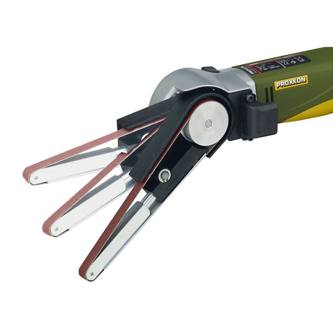 Proxxon BS/E belt sander, SKU 38536, close-up of the sanding belt and drive wheel.