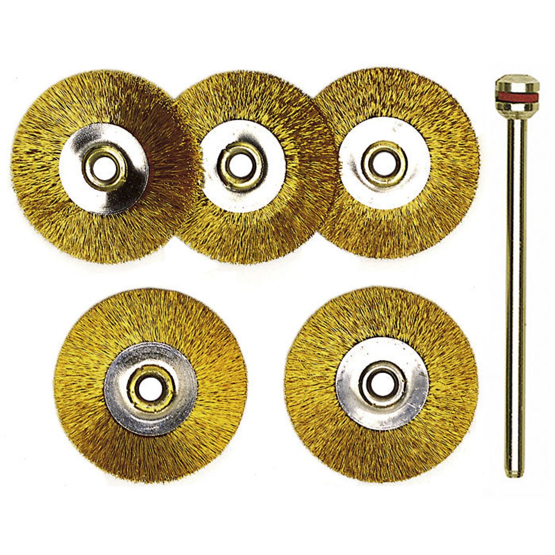 Proxxon brass wheel brushes, 5 pieces, Ø 7/8 inch, SKU 28962, soft-metal bristles for gentle cleaning.