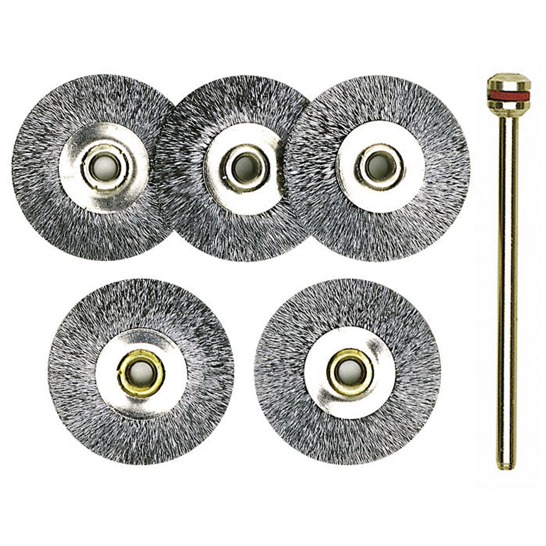 Proxxon carbon steel wheel brushes, 5 pieces, Ø 7/8 inch, SKU 28952, for rotary tool rust removal and cleaning.