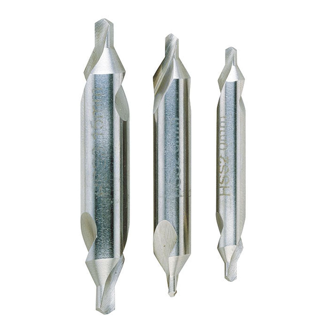 Proxxon 3-piece center drill set, 2, 2.5, and 3.15mm, SKU 24630, for starting precise lathe holes.