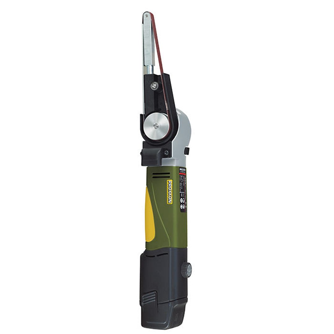 Proxxon 29812 BS/A cordless belt sander shown with included accessories