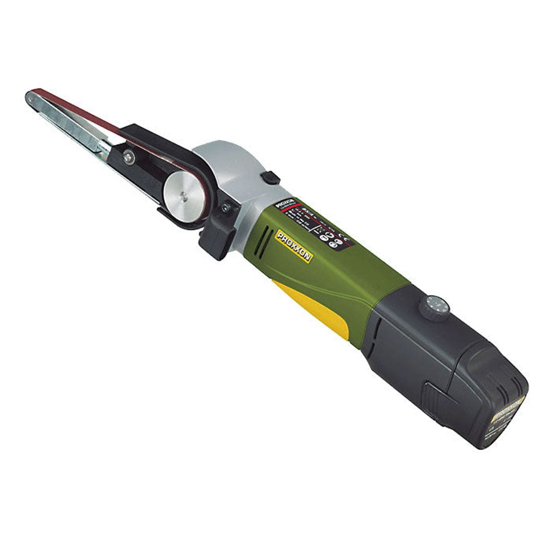 Proxxon BS/A cordless belt sander, SKU 39810, a battery-powered belt sander for shaping small parts.