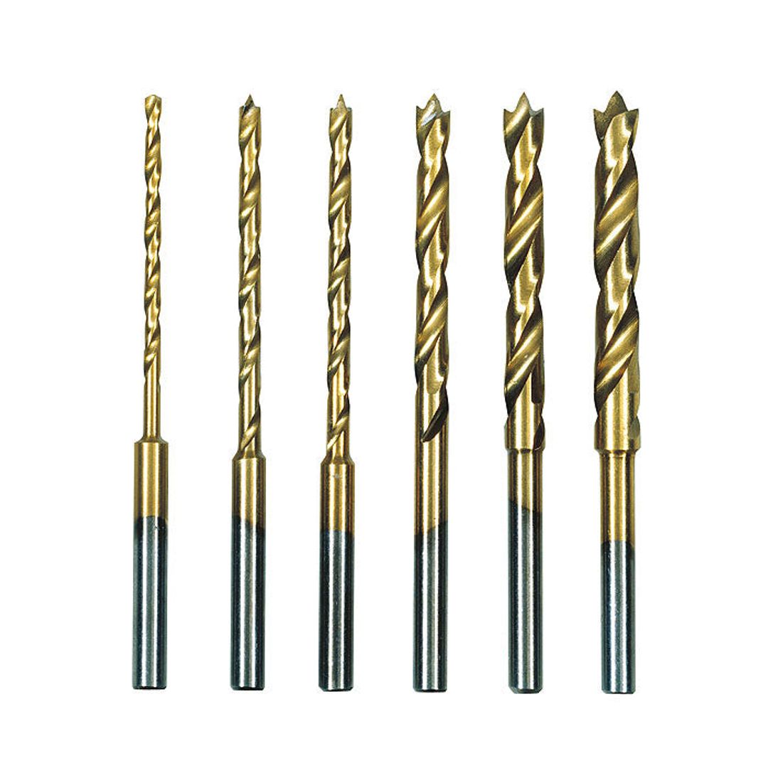 Proxxon HSS twist drill set, titanium nitride coated with brad point tips, SKU 28876, for clean starts.