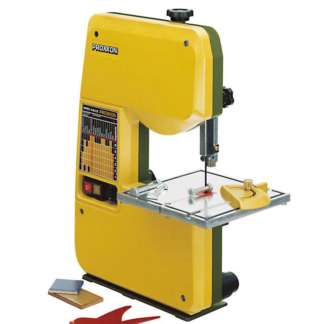 Proxxon MBS/E micro band saw, SKU 37172, a benchtop band saw for curved cuts in wood, plastic, and metal.
