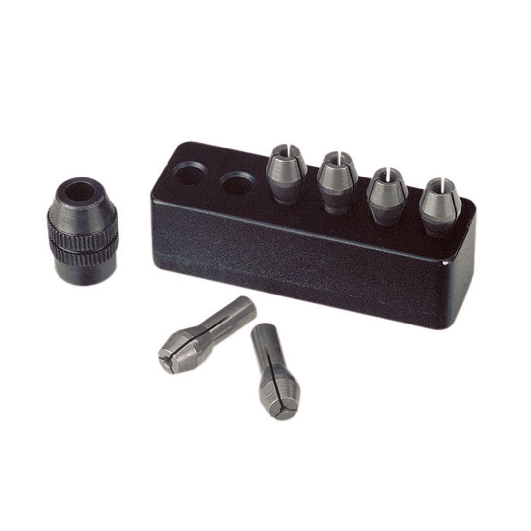 Proxxon set of 6 MICROMOT steel collets with collet nut and holder, SKU 28940, for rotary tool shanks.