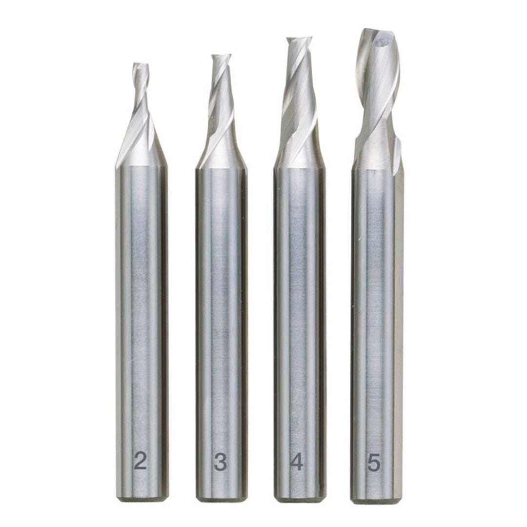 Proxxon 4-piece milling cutter set, 2, 3, 4, and 5mm diameters, SKU 24610, for the MF 70 micro mill.