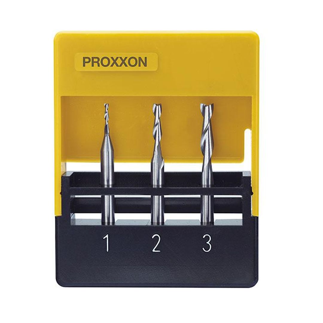 Proxxon milling cutters, 3 pieces, Ø 1/32, 5/64, and 7/64 inch, SKU 27116, for micro milling machines.