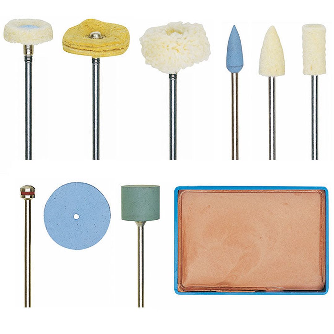 Proxxon polishing accessory set, 10 pieces, SKU 28285, assorted points and discs for rotary tool polishing.