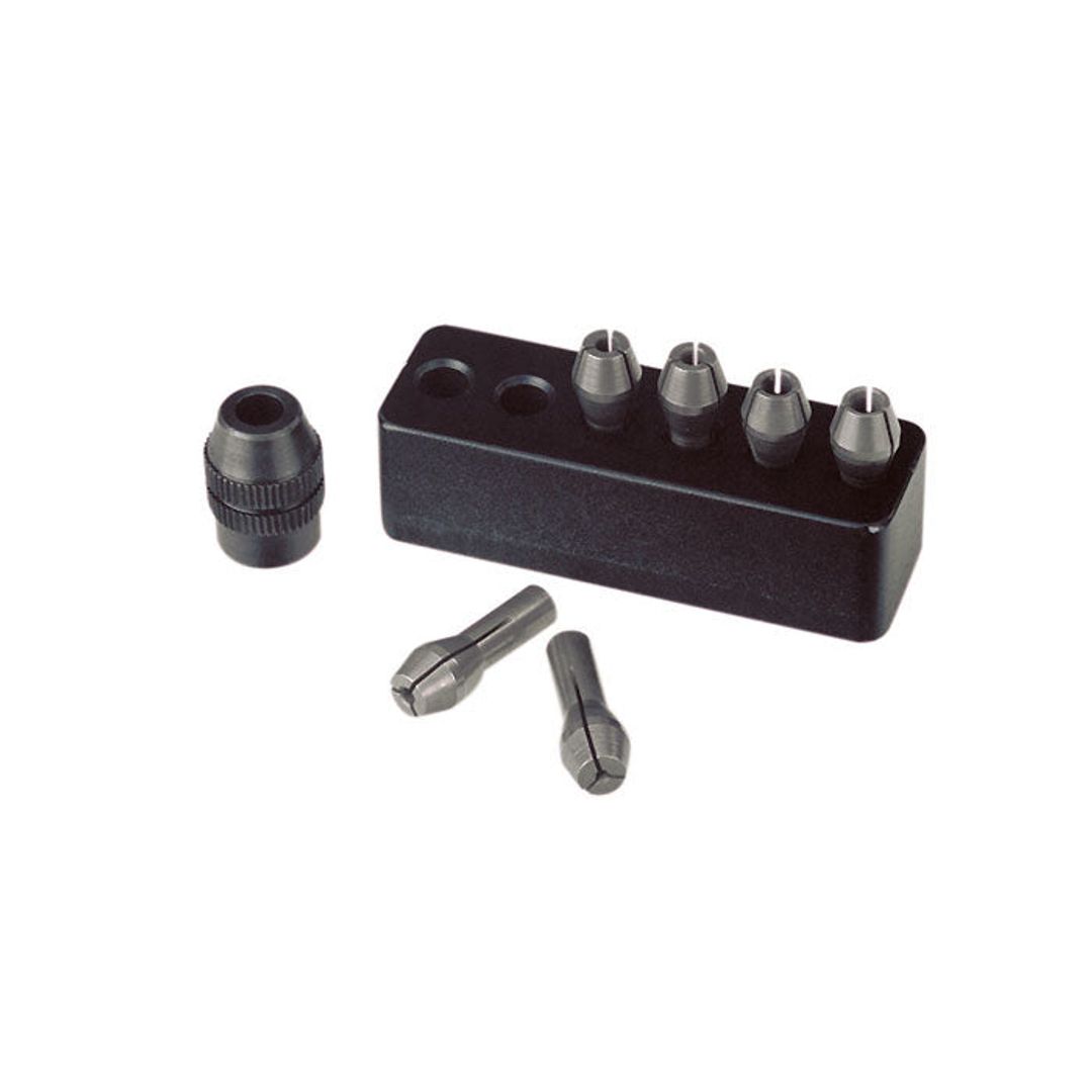 Proxxon MICROMOT 60/E rotary tool, 12V, SKU 28510, shown with the collet and bit accessories.