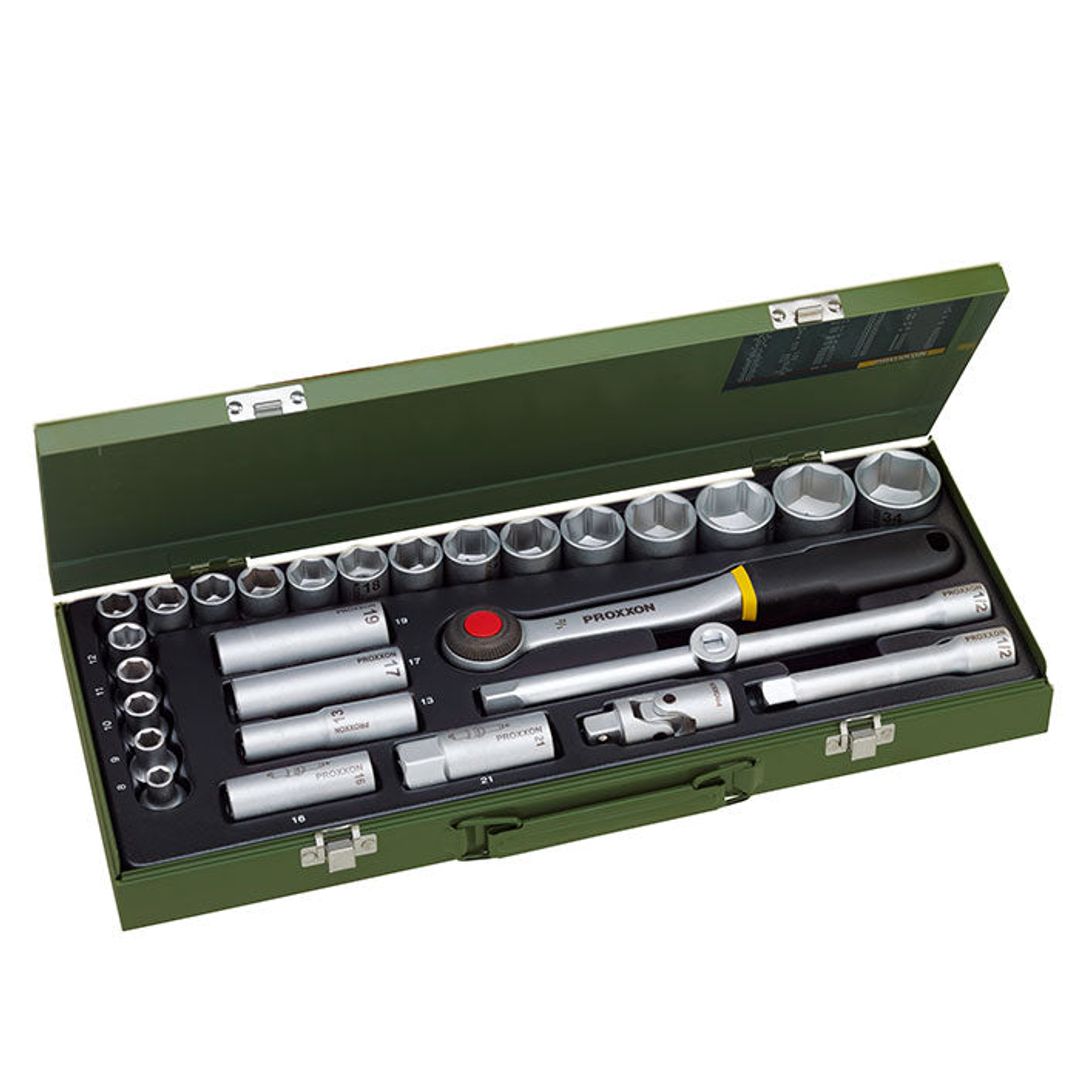 Proxxon 23000 socket set, 29-piece kit in 1/2 inch drive size for mechanics