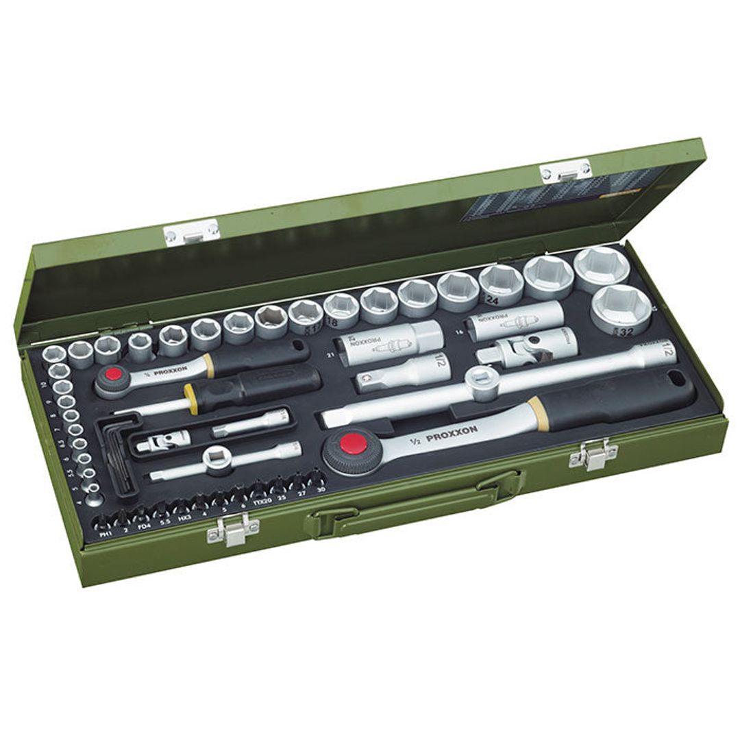 Proxxon 23040 socket set, 56-piece kit combining 1/4 inch and 1/2 inch drive sizes