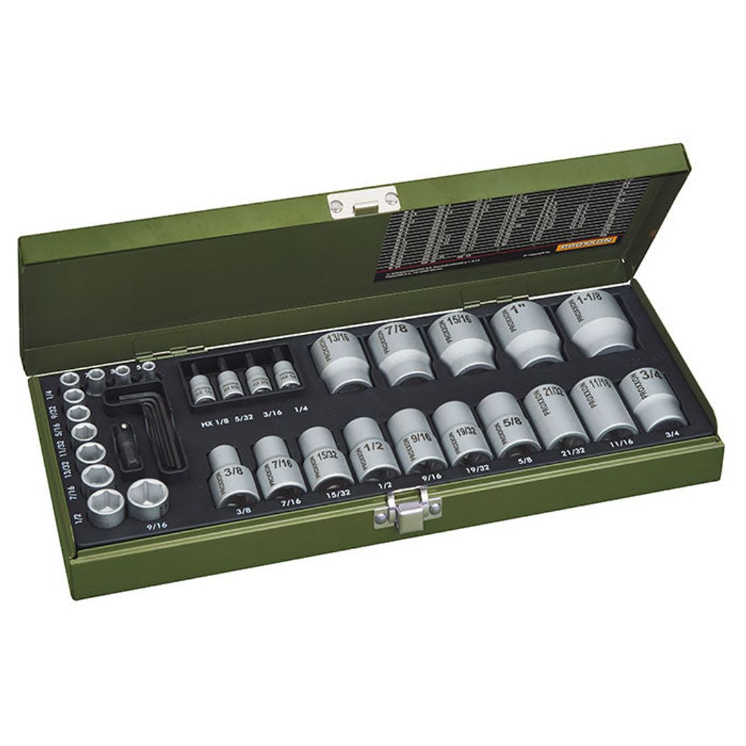 Proxxon 23114 socket set, 36-piece kit sized for imperial (SAE) fasteners