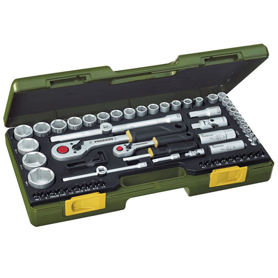Proxxon 23294 socket set, 65-piece kit sized for imperial (SAE) fasteners