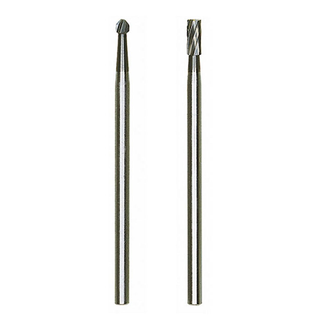 Proxxon tungsten carbide cutter set, 2 pieces, sphere and cylinder shapes, SKU 28750, for rotary tool carving.