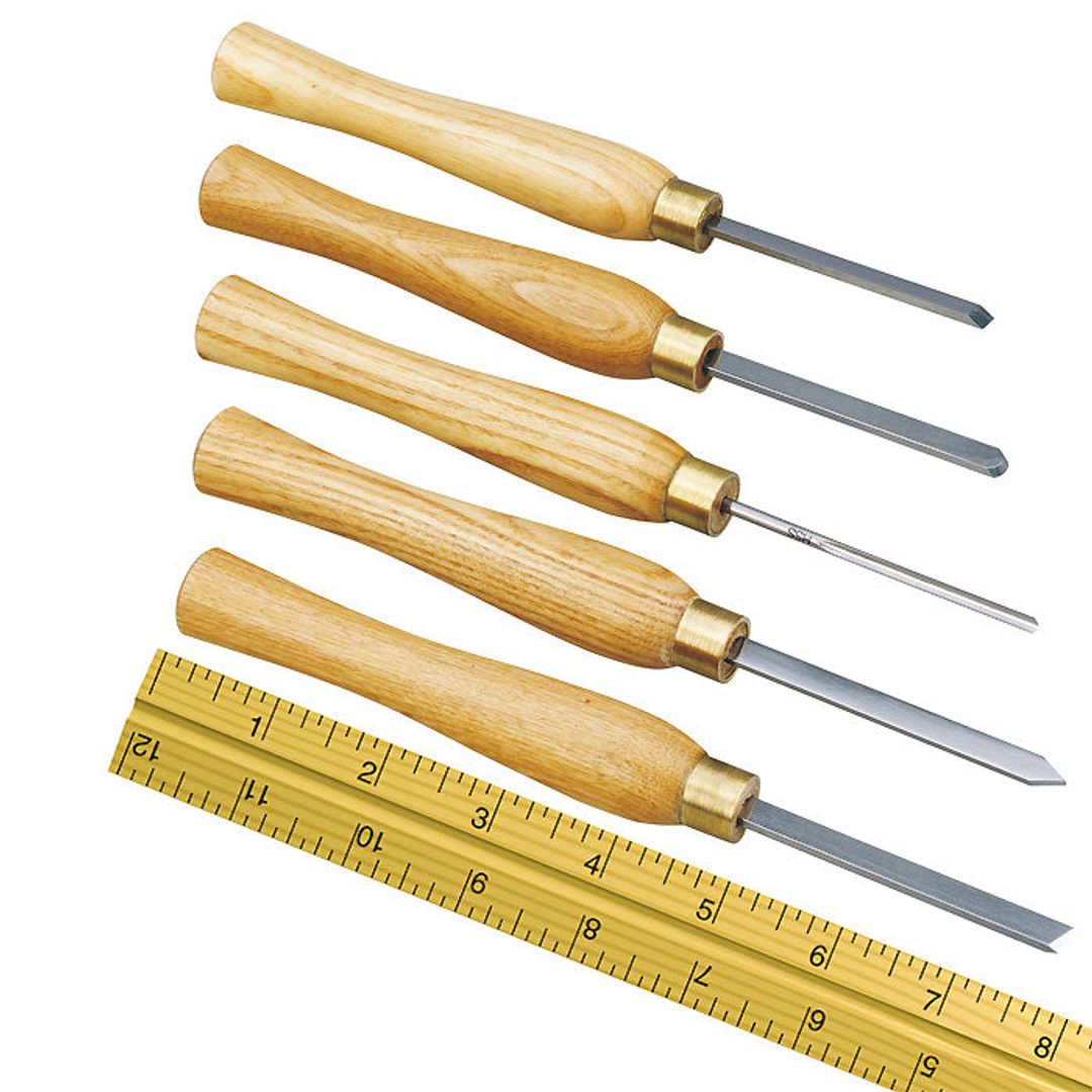 Proxxon five-piece turning tool set in a storage box, SKU 27023, HSS tools for wood and metal turning.