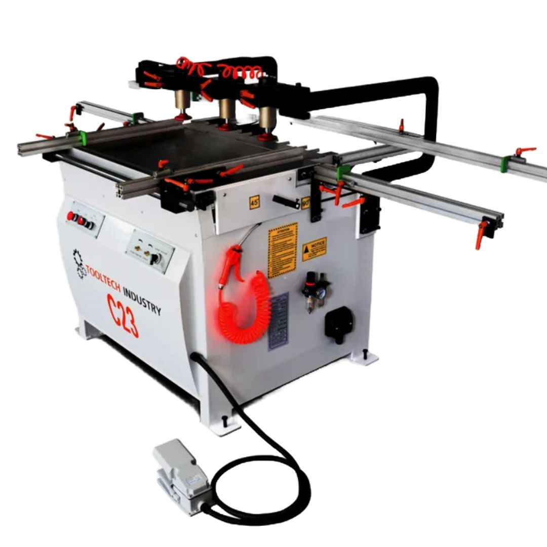 Tooltech C23 pneumatic 23-spindle construction line boring machine for door and jamb boring.