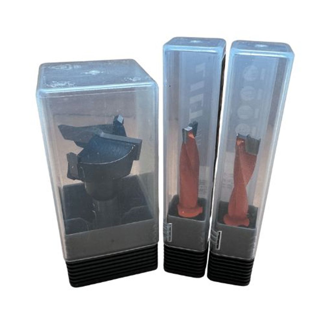 Tooltech carbide-tipped brad point hinge boring drill bit set, 35 mm cup bit plus two 8 mm bits.