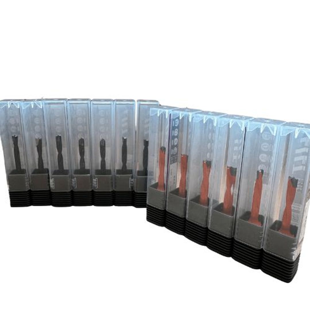 Tooltech carbide-tipped brad point line boring drill bit set, 6 left-hand and 7 right-hand bits.