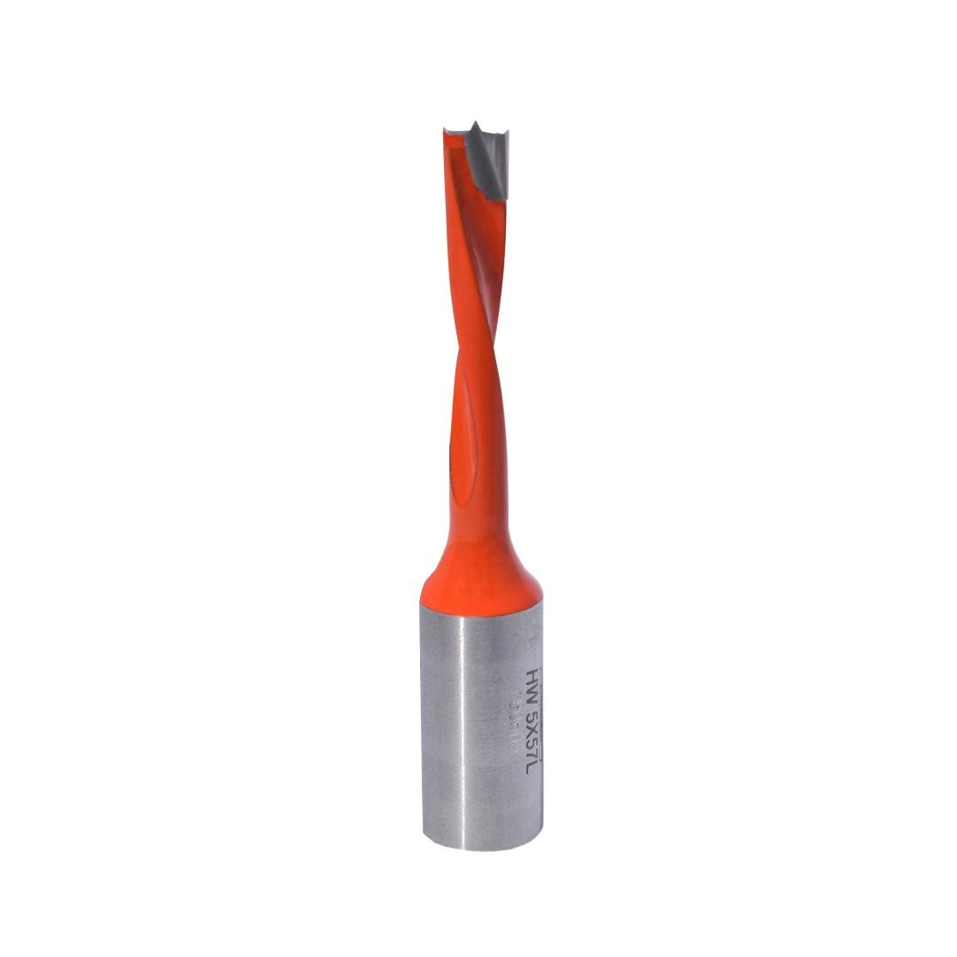 Tooltech DL 57-5 carbide-tipped brad point drill bit, 5 mm left-hand, for hinge boring machines.