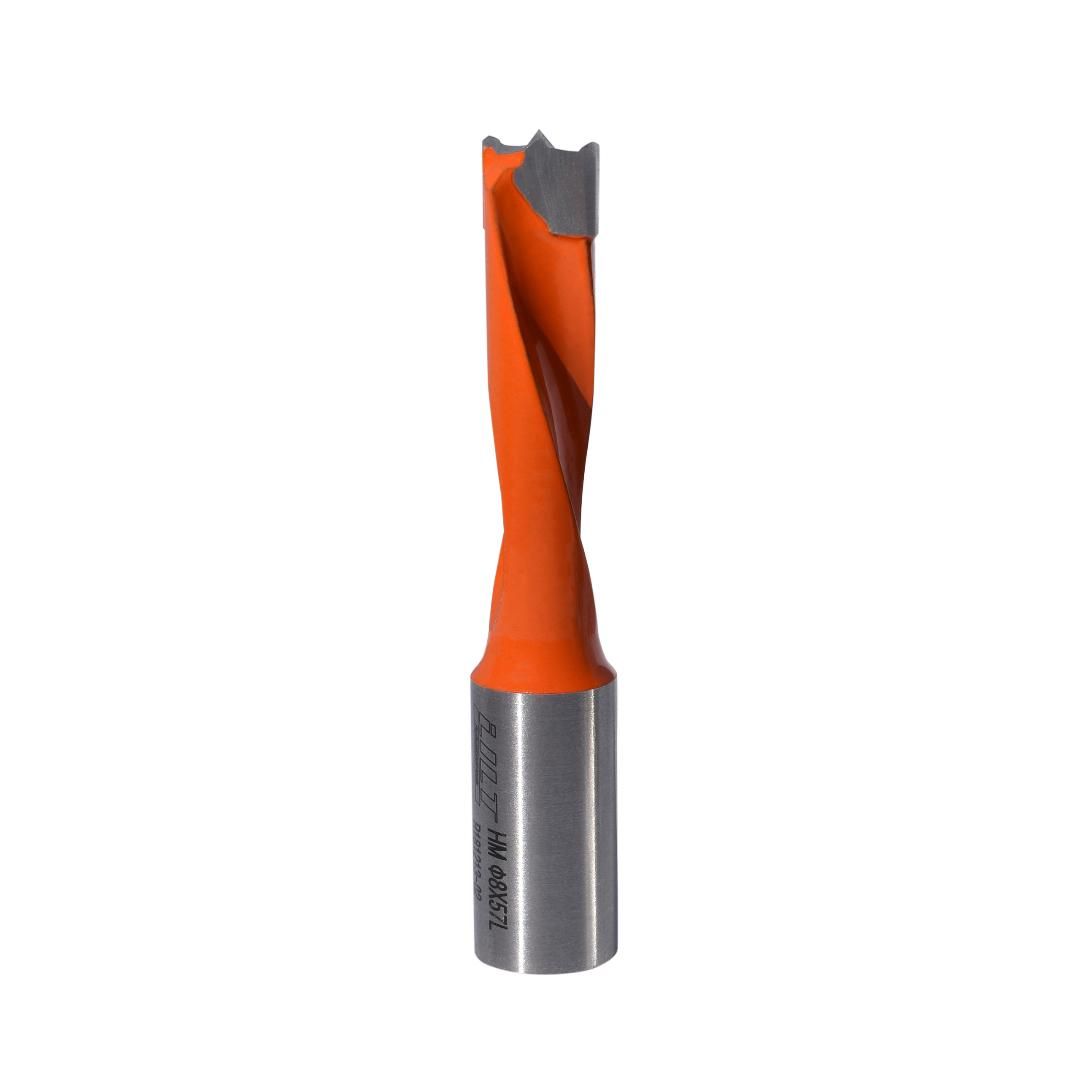 Tooltech DL 57-8 carbide-tipped brad point drill bit, 8 mm left-hand, for hinge boring machines.
