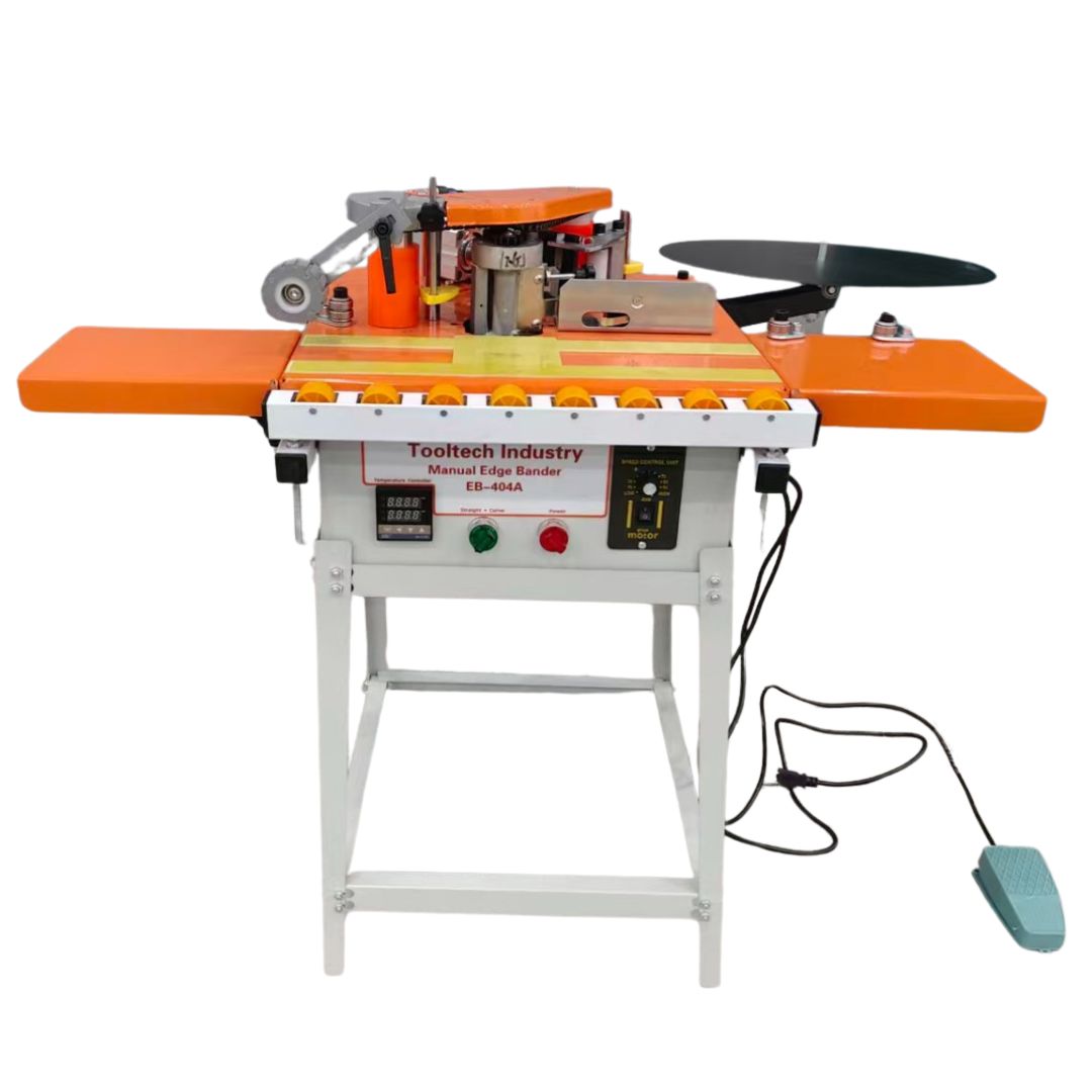 Tooltech EB-404A compact edge bander with stand, sized for small shops and light-duty runs.
