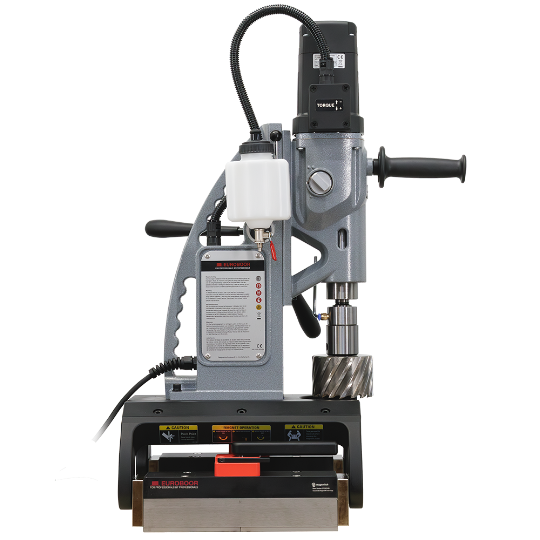 uroboor TUBE.100S+/T Magnetic Drilling Machine rear angle view showing pipe clamp base and magnetic drilling system