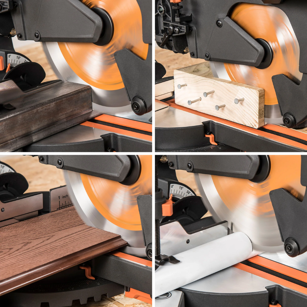 volution Power Tools Single Bevel Sliding Miter Saw R255SMS+ close-up showing the compact sliding mechanism and precision guide rails for smooth cutting action.
